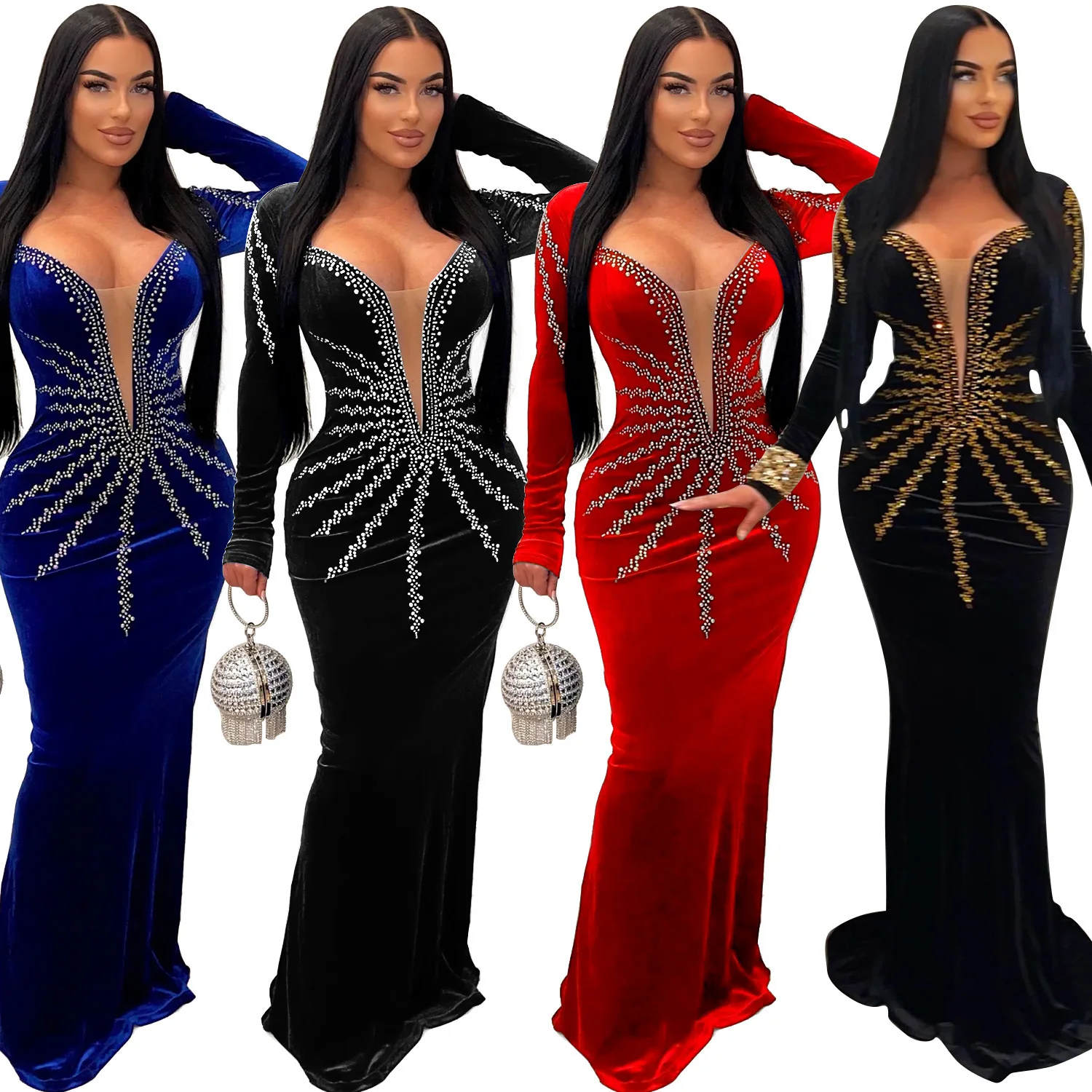 EINY y2k Luxury Pearl Rhinestones Deep V Bodycon Party Club Dresses Women Low Cut Long Sleeve Velvet Vestidos Sexy Mermaid Dress