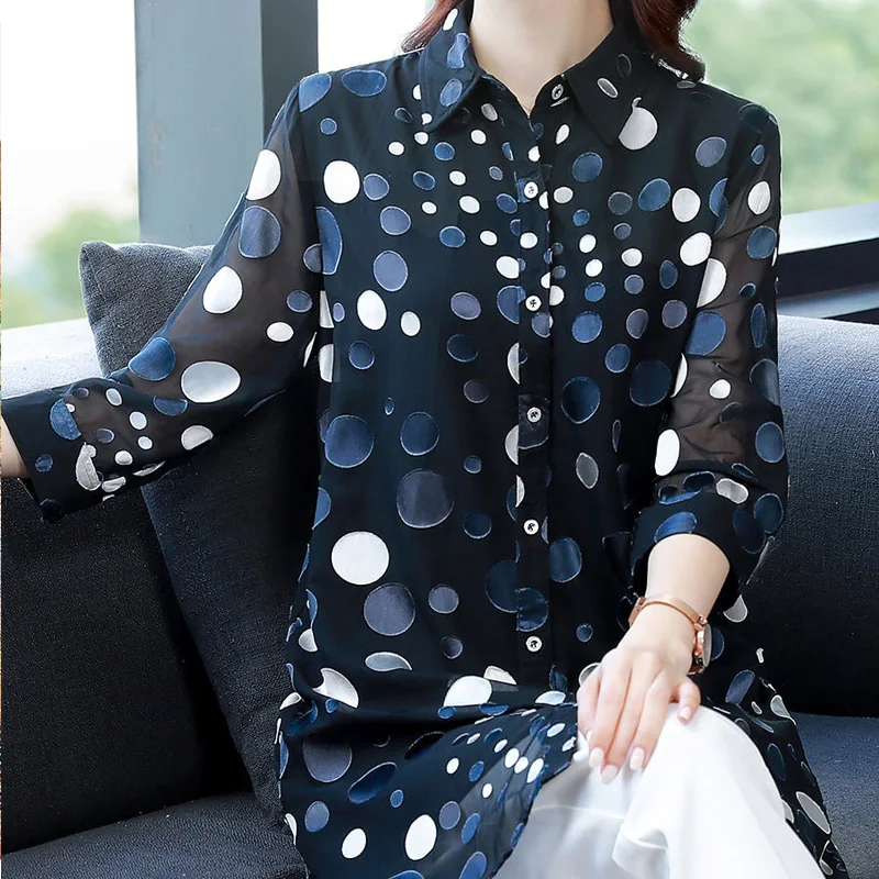 Summer New POLO Collar Fashion Three Quarter Shirt Women High Street Casual Button Mid-length Cardigan Printing All-match Tops