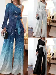 Jumpsuits Women Sequins Splice Wide Leg Pants Casual One Shoulder Irregular High Waist Lace Up Rompers Loose Summer 2024