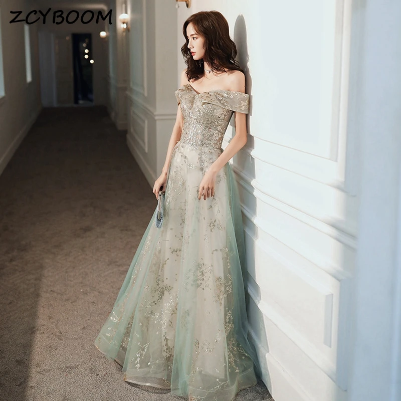 

Elegant Boat Neck Vintage Sequined Tulle A-line Evening Dresses 2024 Princess Sweep Train Prom Dresses Birthday Party Dresses