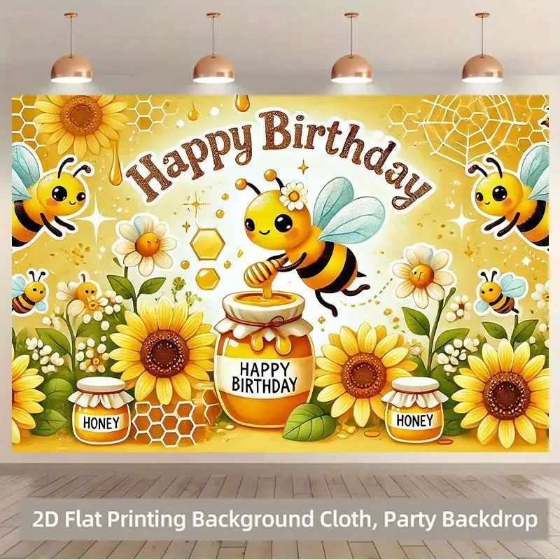 Cute Honey Bee Sunflower Honey Pot Happy Birthday 2D Flat Tapestry Backdrop For Kids Party Decor Sweet Wall Hanging Art Print