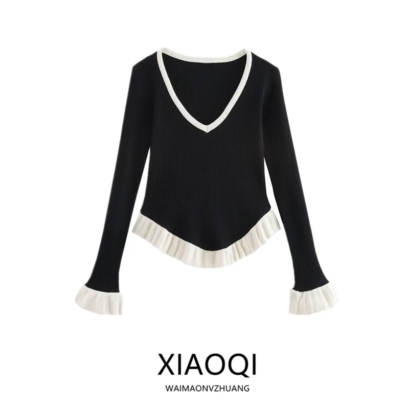 

Spring 2025 Women's Knitted Long Sleeve V-Neck Layered Decorative Vertical Stripes New Arrival Commute Style Regular Length