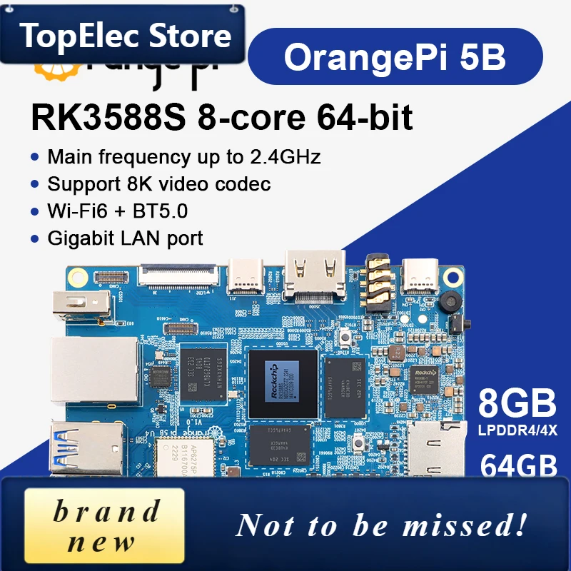 TopElec Orange Pi 5B 8GB Ram Rockchip RK3588S 64GB EMMC Wifi-BT Development Board Pi 5 B Run Debian Ubuntu Android OS