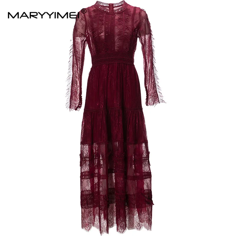 

MARYYIMEI New Fashion Designer Dress Women's Round Collar Long Sleeve Embroider Mesh Lace Splicing Tassels Translucent Dress