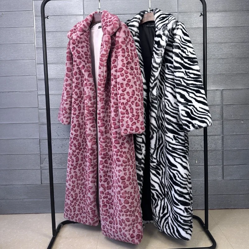 2026 Fashion Zebra Leopard Print Fur Coat Women's Winter Faux Rabbit Hair Fur X-long Overcoat Loose Jacket Streetwear Outerwear