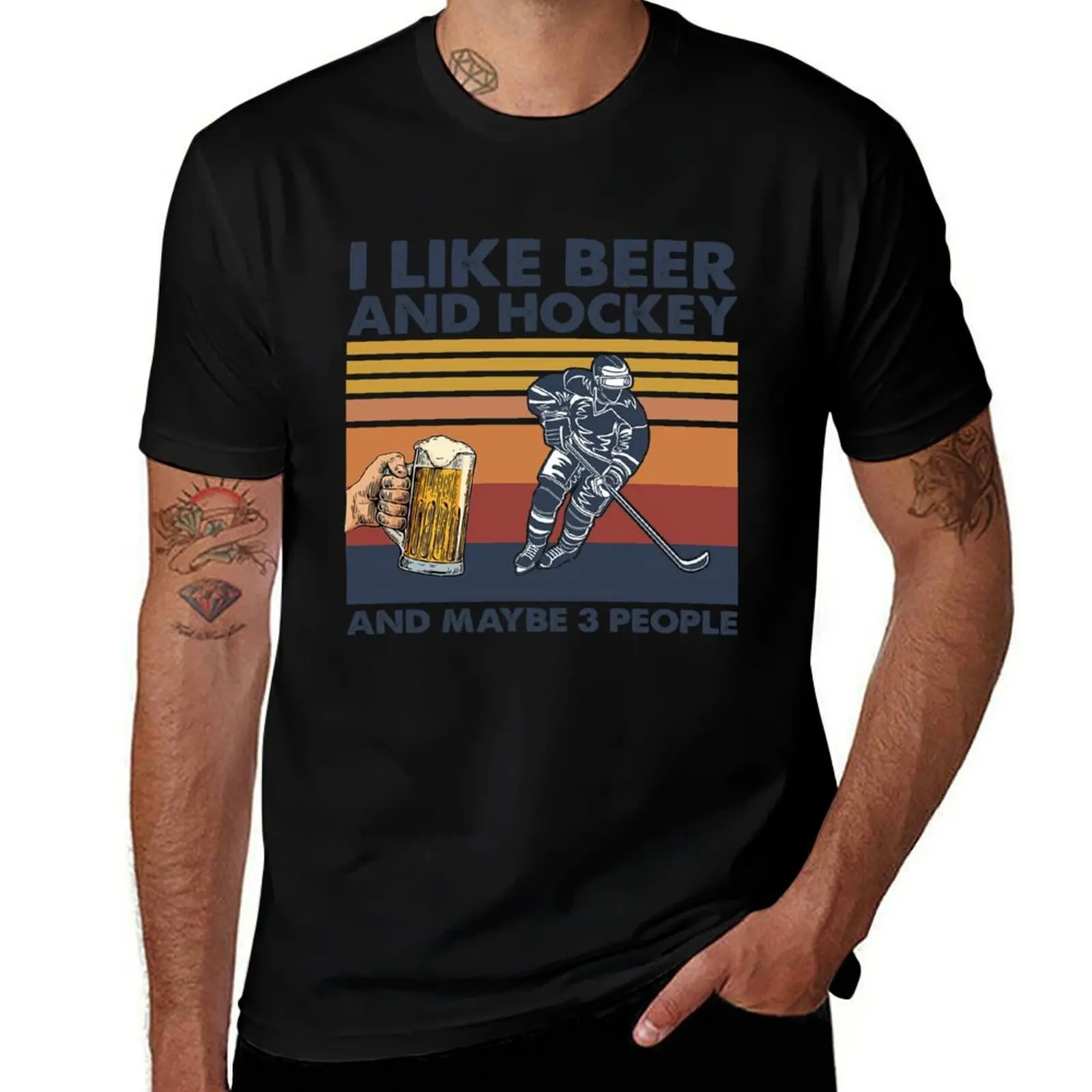 

Vintage I like beer and hockey and maybe 3 people T-Shirt man graphic t shirt t shirt for man 100 percent cotton T-shirt