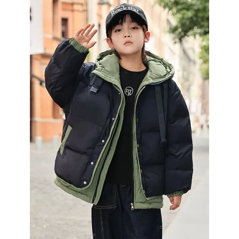 

Color-blocked Cotton-padded Jacket Winter Down-padded Thickened Hooded Autumn Winter Clothing Short Top for Older Children