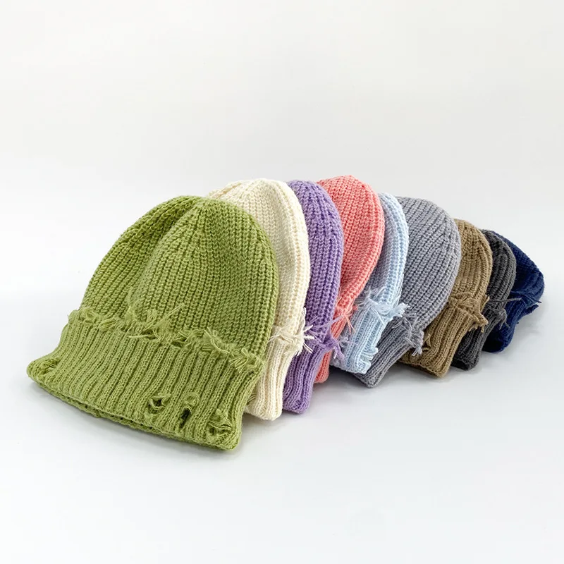 Women Korean Autumn Winter Knit Beanie Hole Design Warm Yarn Cap Versatile Face‑Slimming Casual Adult Fashion Headwear