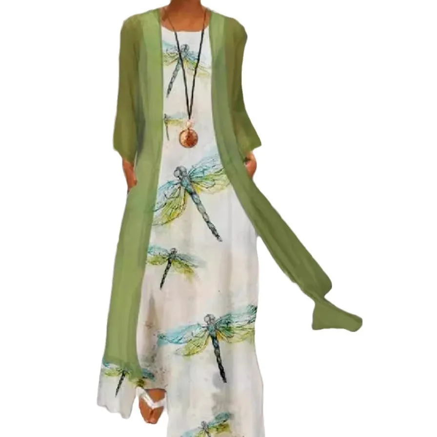 Nuovo set da due pezzi Lady Flower Print Abito lungo senza maniche con cardigan Abiti caldi Donna 2025 Summer Boho Abiti eleganti Cappotto