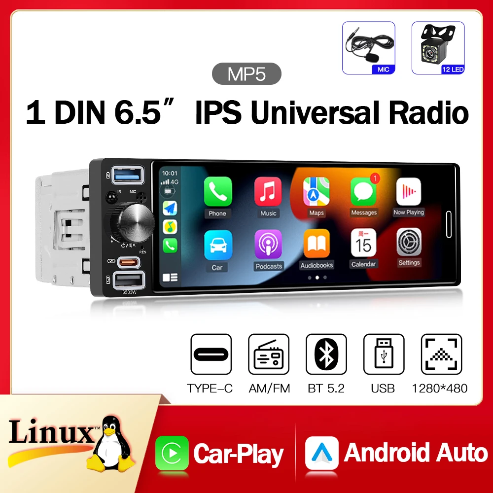 Universal Car Radio Wireless Carplay Android Auto Car Multimedia 1 Din MP5 FM RDS BT Type-C USB IPS Touch Screen MP5 Car Radio