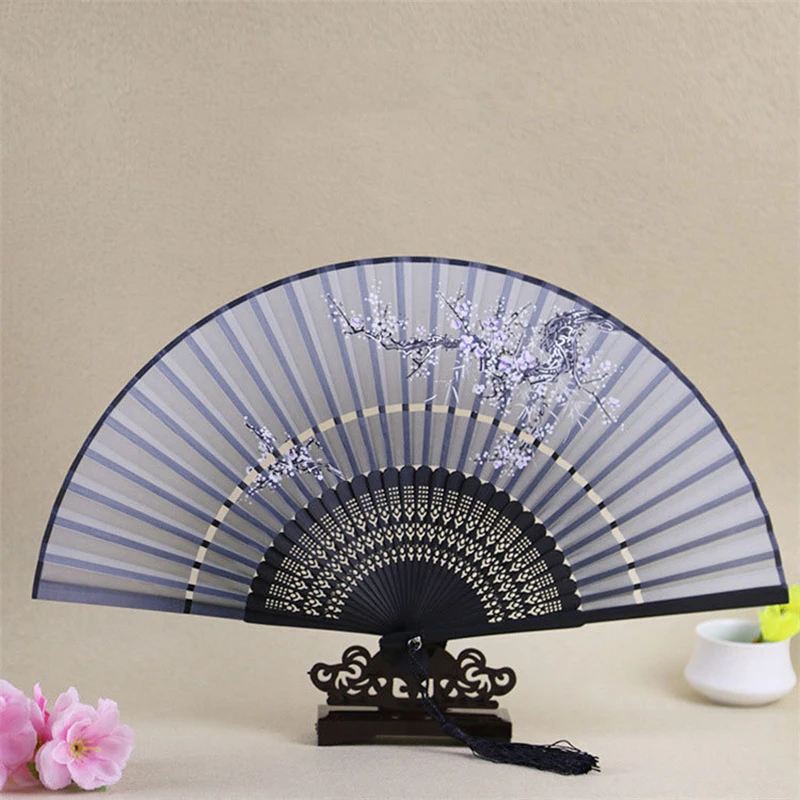 1pcs Chinese Style Carved Bamboo Craft Fan Two Sections Folding Silk Cloth Hand Fans Handmade Gift Home Decoration