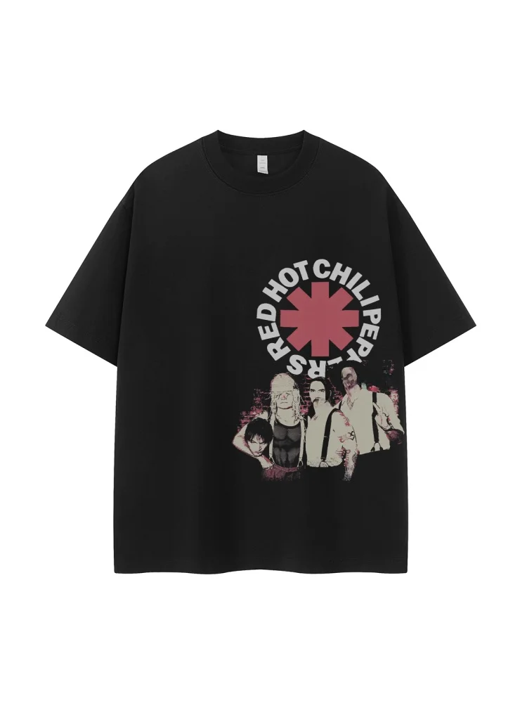Red Pepper Band Vintage American Street Portrait Print Small Batch Design Sense VTG Shoulder Drop Rock Short Sleeve T-Shirt