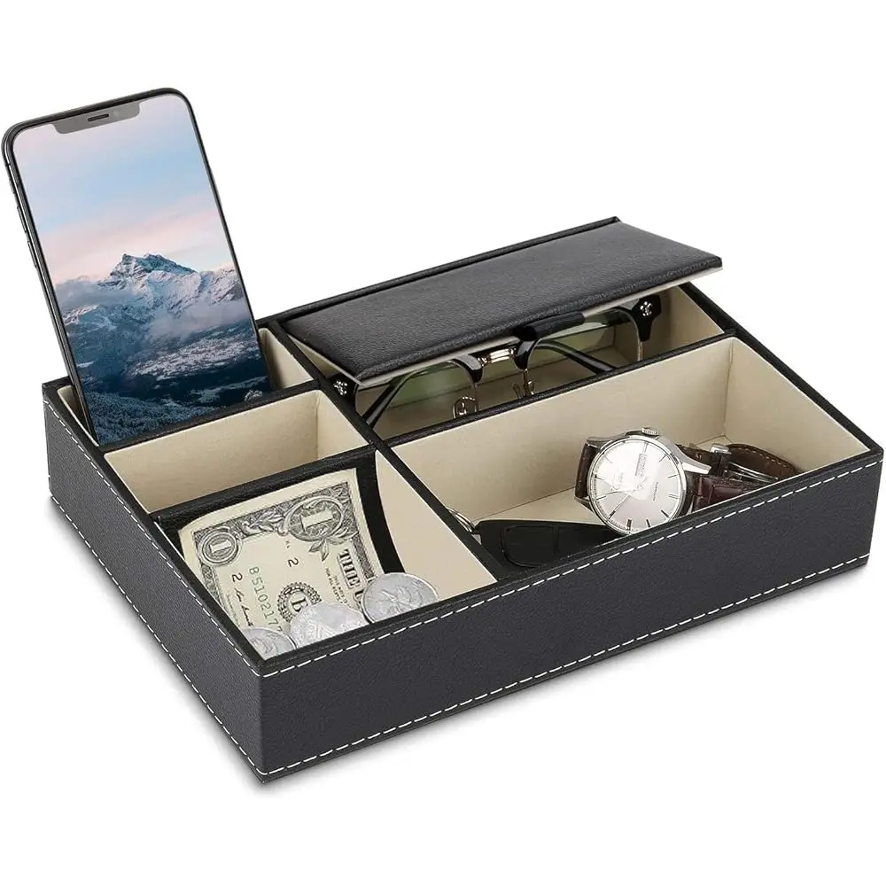 

Baoyun Mens Valet Tray Organizer, Mens Jewelry Box, Nightstand Organizer With 5 Compartments, Dresser Faux Leather Storage Box