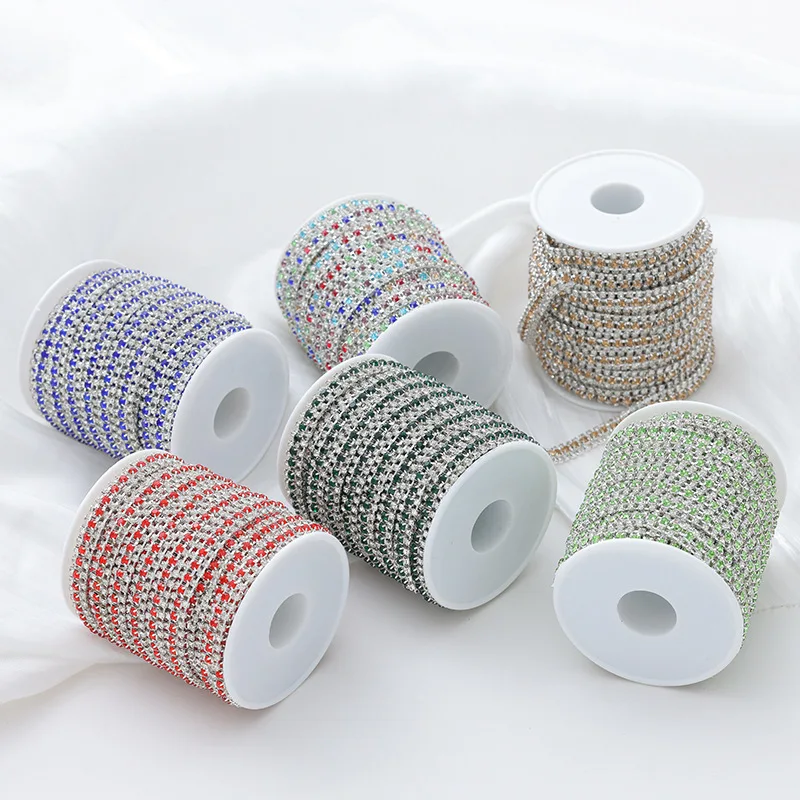 Cross-border multi-color three-row glass rhinestone chain DIY jewelry accessories metal claw chain silver base accessories