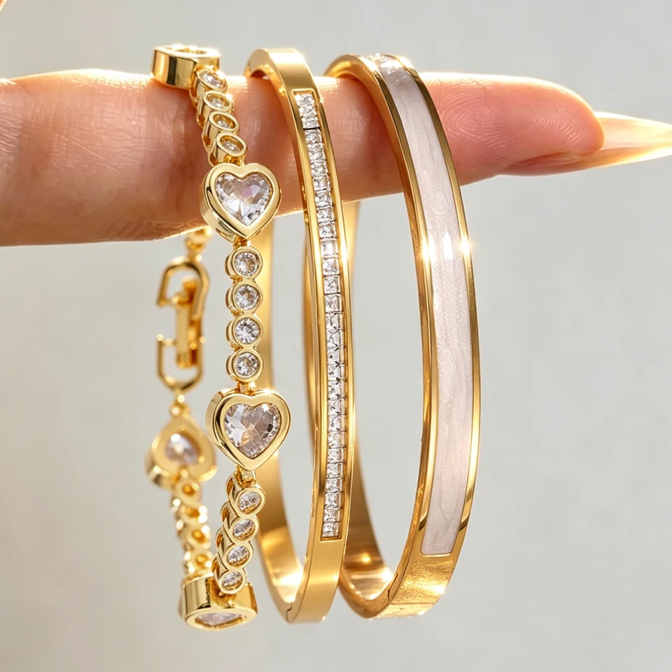 ZAKOL 3pcs/set Stainless Steel Stackable Bracelets Shiny Pink Black Zircon Cuff Bangles Cute Romantic Holiday Jewelry Gifts
