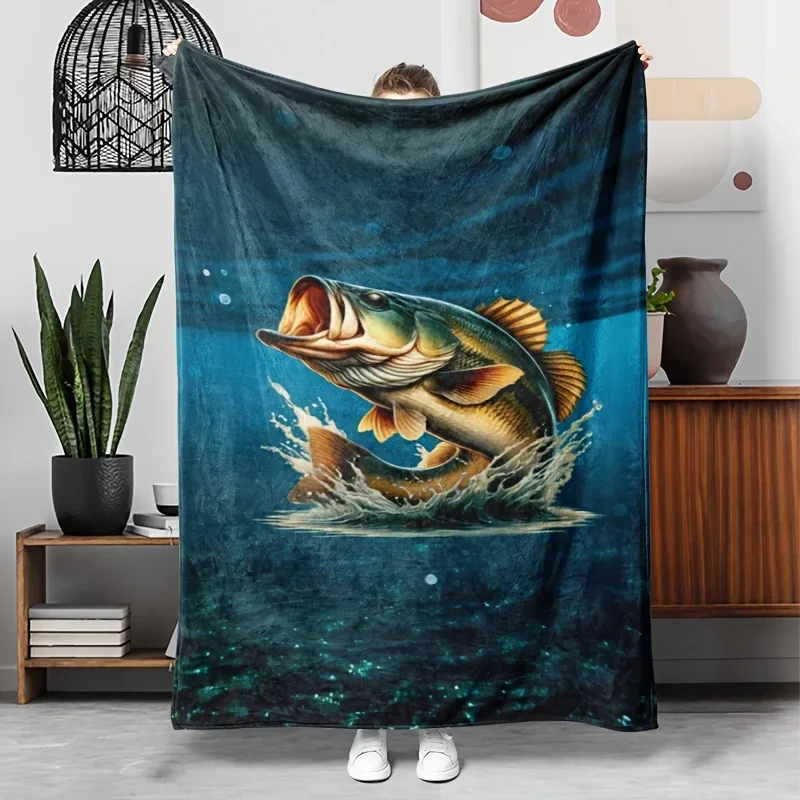 Vivid Bass Fishing Scene Throw Blanket Deep Water Sport Outdoors Gift for Angler Lover 150x230cm