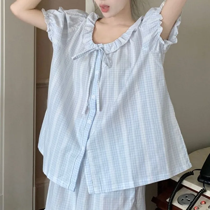 Plaid Nachtwäsche Shorts Frauen Pyjama Sets Sommer koreanische Piiama Rüschen Sets für Frauen 2 Stück Knopf Nacht trägt Home Anzug 2024