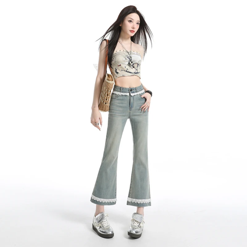 

Новые эластичные расклешенные брюки с кружевной отделкой, укороченные, длиной 9/10, для невысоких женщин, коллекция Весна-Лето 2026