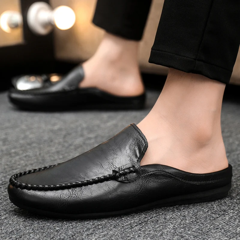 Backless Loafers Mules Half Slippers Men Leather Slip On Flat Sneakers Large Size 45 46 Open Back Casual Shoes Slides Sandals