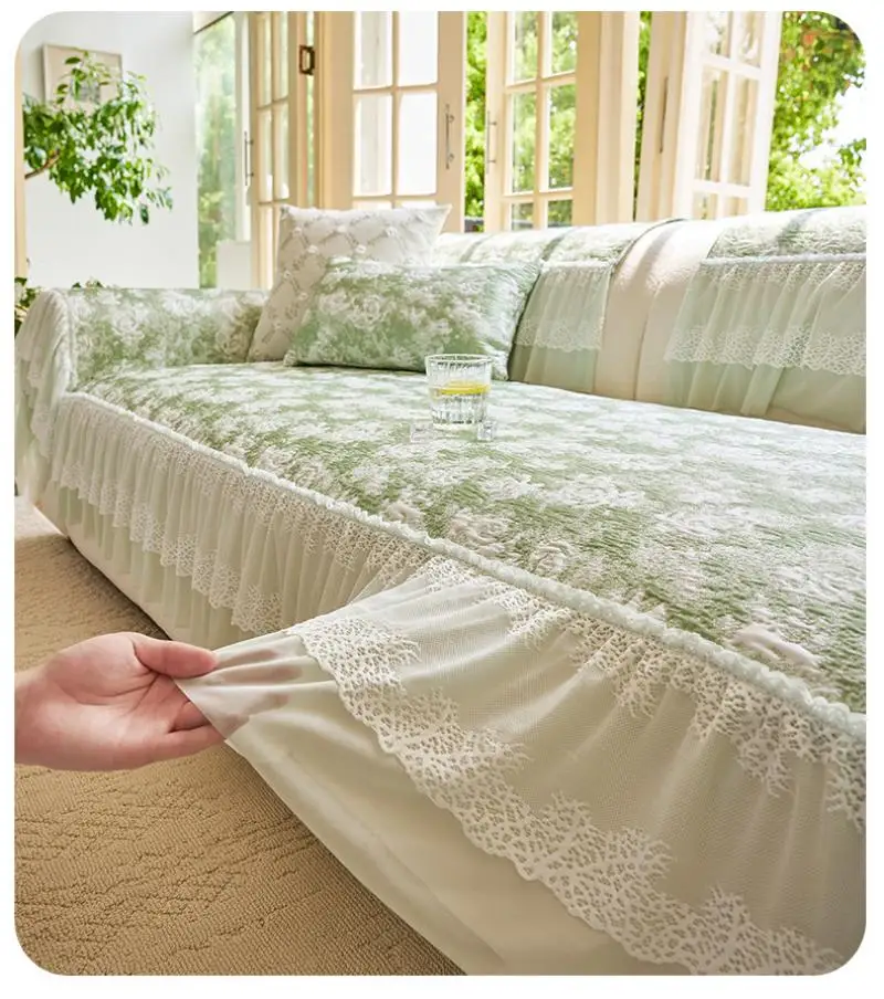Sommerlicher, hautfreundlicher Sofabezug aus Eisseide mit Spitzenbesatz – Kühlender, atmungsaktiver Strick-Sofa-Sitzbezug – Detail 6
