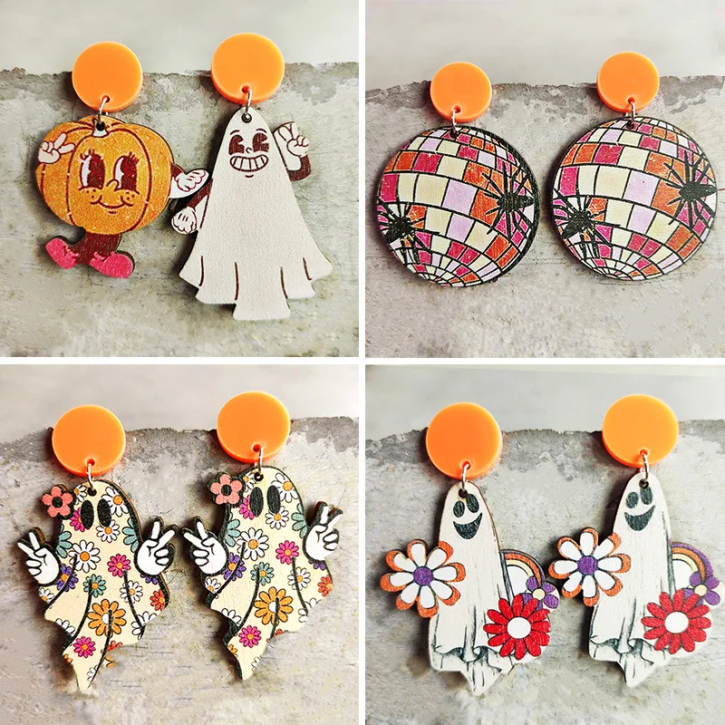 Laser Cut Wood Ghost Halloween Earrings New Wooden Spider Pumpkin Teardrop Earring for Women All Saints' Day Jewelry