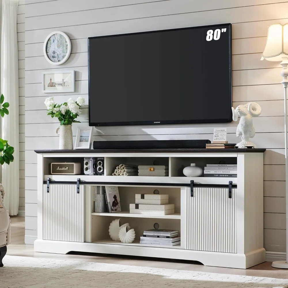 

Fluted TV Stand for 80 Inch TVs, 32" Modern Entertainment Center with Waveform Panel Sliding Door, Media Console Cabinet w/Stora