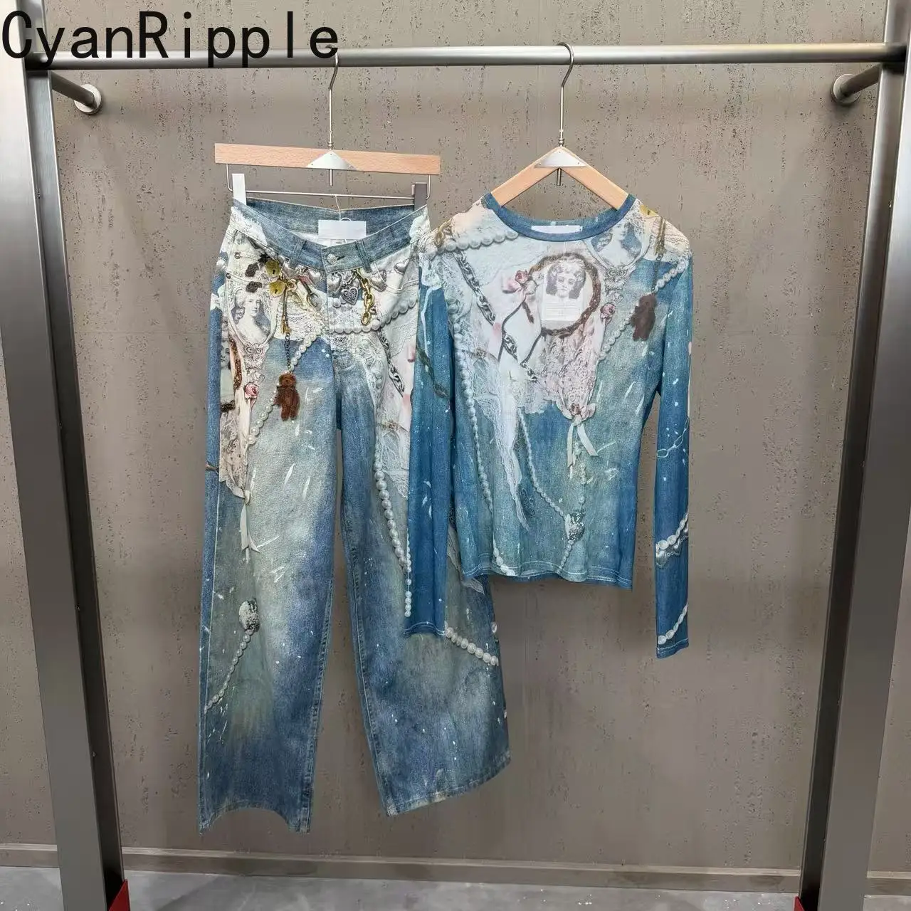 Neues Frühling-Sommer Damen Zweiteiler-Set Batik-Bedrucktes Langarm-Netz-T-Shirt Top + Hochgeschnittene Trendige Weite Gerade Jeans