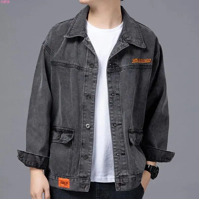 SFashion Lapel Button Pockets Letter Embroidery Denim Jackets Men\'s Clothing 2024 Autumn New Loose Punk Tops Casual Coats