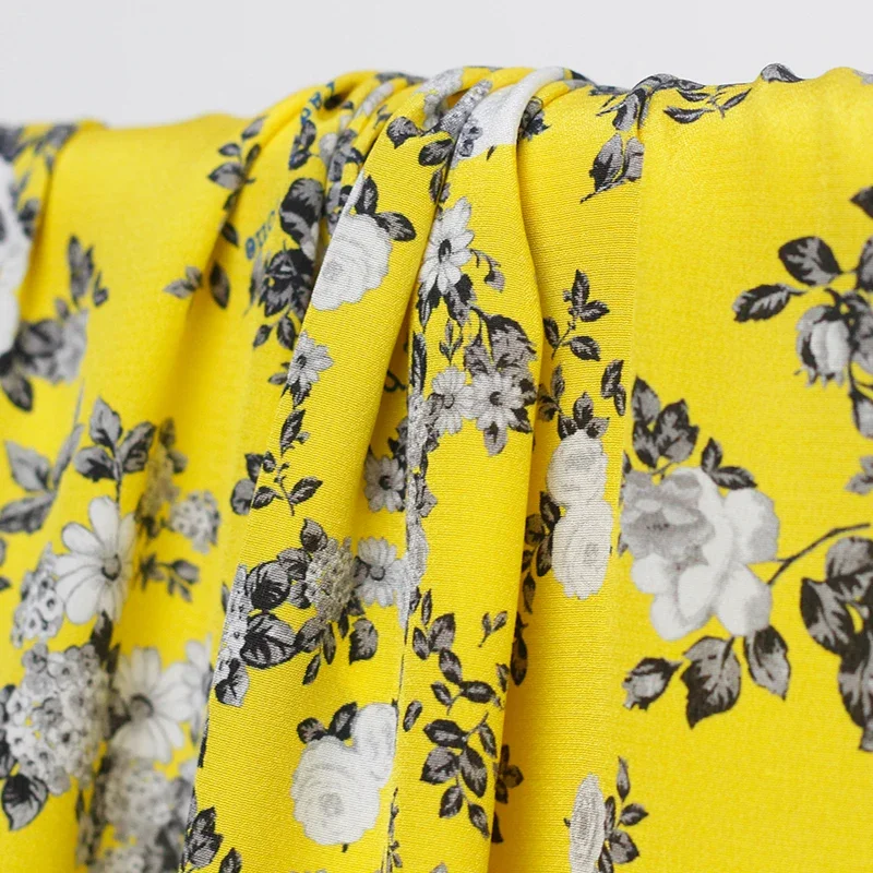 Redraspberry 18momme Yellow Roses Printed Silk Crepe De Chine Fabric 100%Silk Materials Women Dress Sewing Clothes Freeshipping