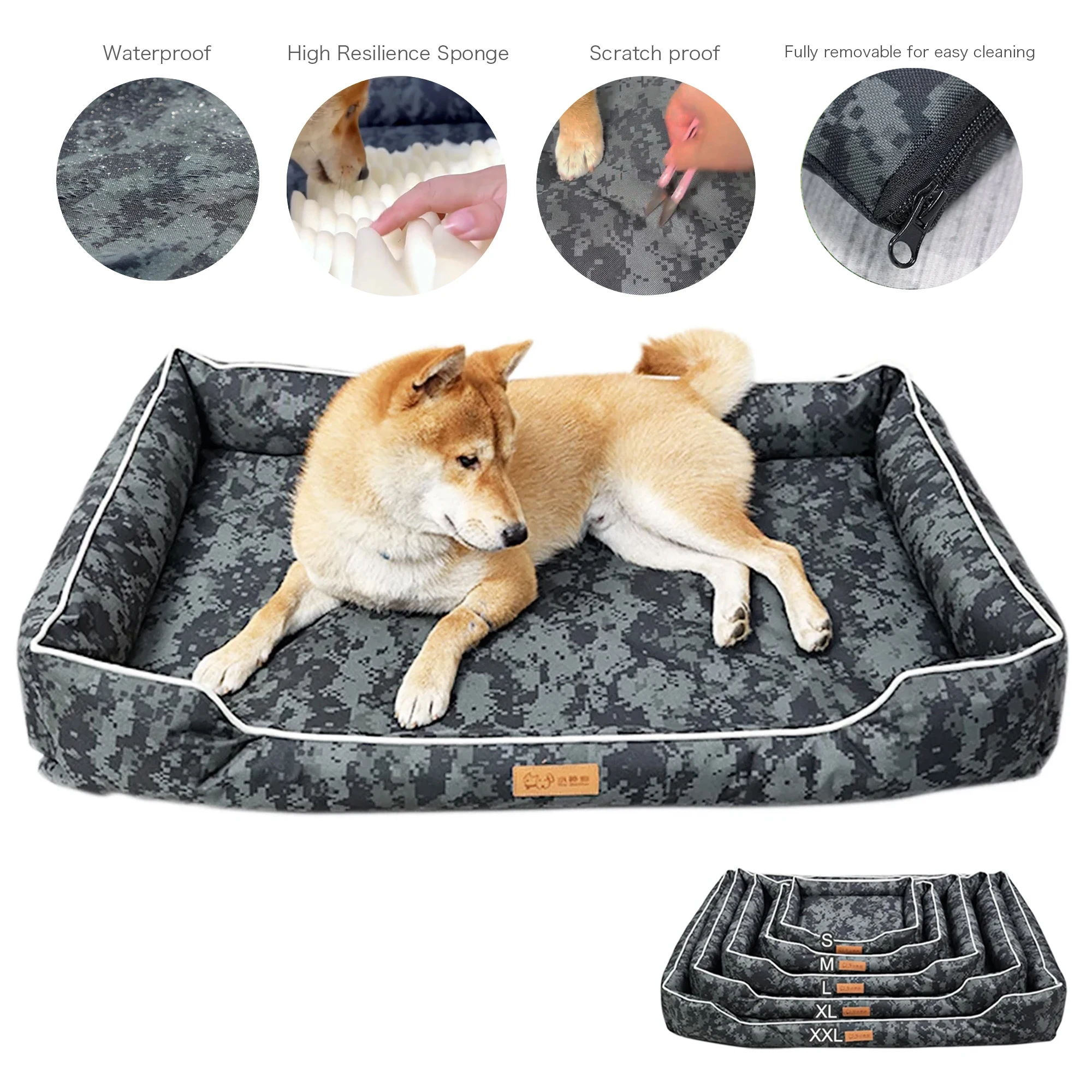 

Camouflage Bed for Dog Cushion Scratch Proof Waterproof High Resilience Sponge Detachable Washable Puppy Pads Dogs Accessories