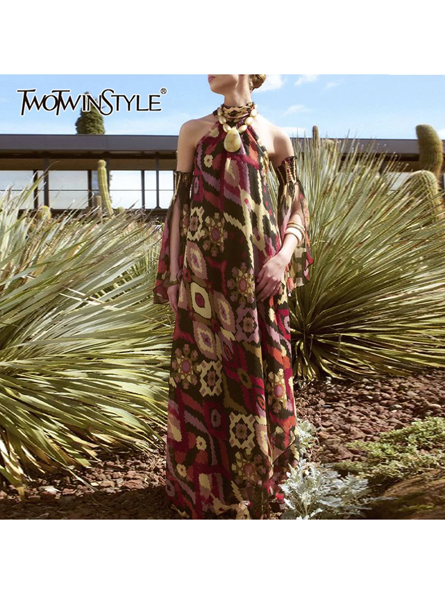 

TWOTWINSTYLE хит цвета печати свободные длинные платья для женщин Холтер с короткими рукавами элегантное платье с разрезом женская модная одежда новая