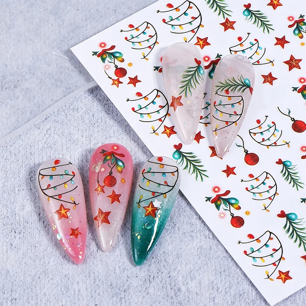 1 Stück 3D Leuchtende Bunte Weihnachts-Nagelaufkleber Grüner Tannenzweig/Roter Christbaumkugel-Stern Nagelsticker Selbstklebende Feiertags-Nageldekoration – Detail 2