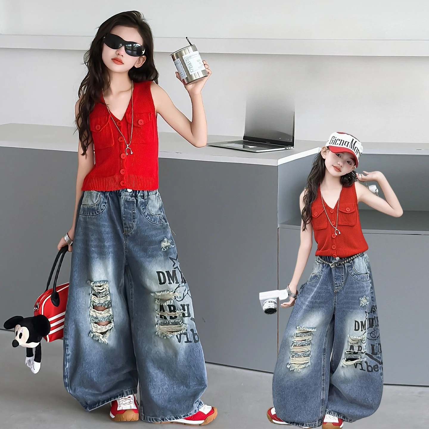 

Teen Girls Fashion Street Style Y2K Clothes Set Outfits Girls Summer Red Vest+Ripped Jeans Streetwear Kids Cool Clothing Suit