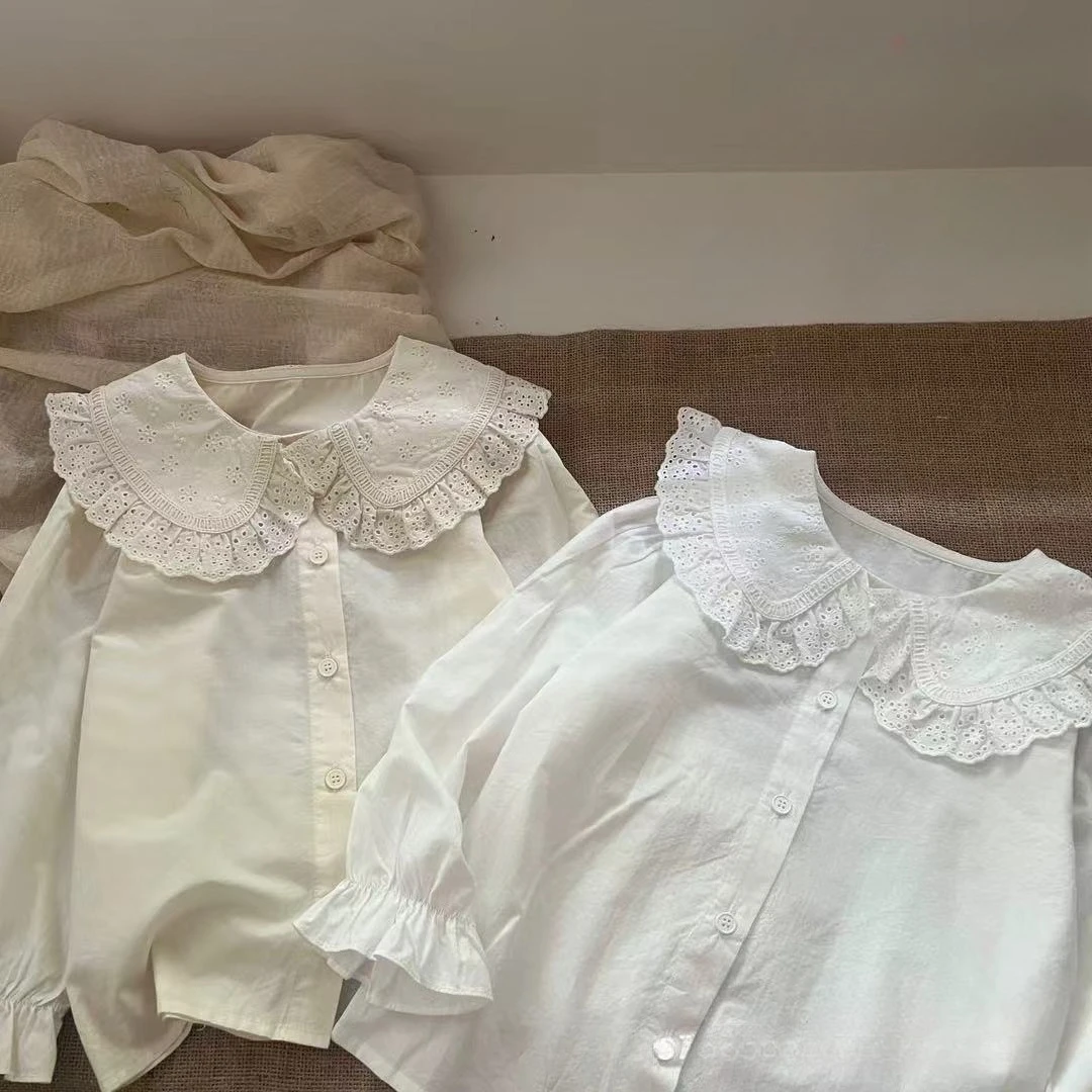 

Kids shirt for Girls blouse white 2025 Autumn Korean Version Foreign Style Lace