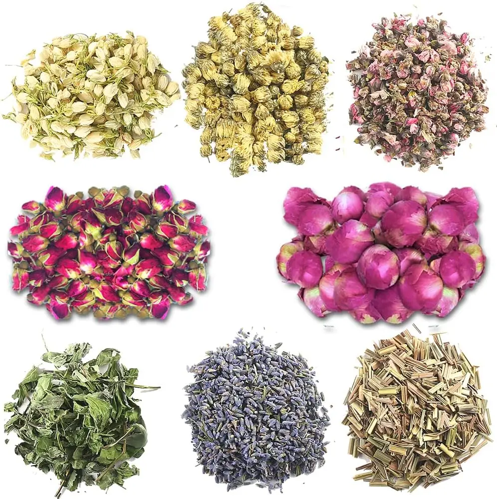 

Dried Flowers for Soap Making, Candle Making & DIY Crafts - 8 Bags of Rose Buds, Lavender, Jasmine, Peony, Chrysanthemum