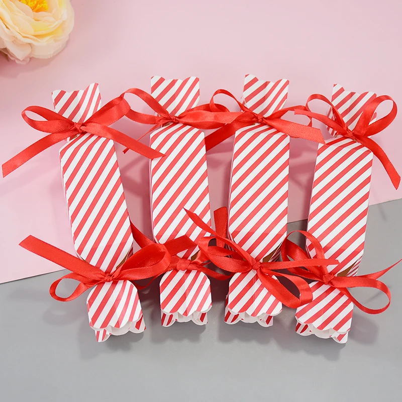 Red Striped Candy Box With Bow Creative Christmas Gift Packaging Wedding Birthday Cookie Box Christmas Decoration 2025 New Year