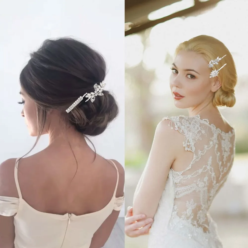 4 قطع من مشابك شعر الزفاف، إكسسوارات شعر من حجر الراين، دبابيس شعر زفاف على شكل أوراق شجر، دبابيس شعر كريستالية، مجوهرات دبوس شعر فضي