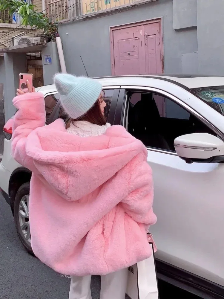 

Sweet Pink Fur Coats 2025 Women Female Winter Thick Warm Streetwears Korean Street Hooded Fashion Plush Jacket Outerwear