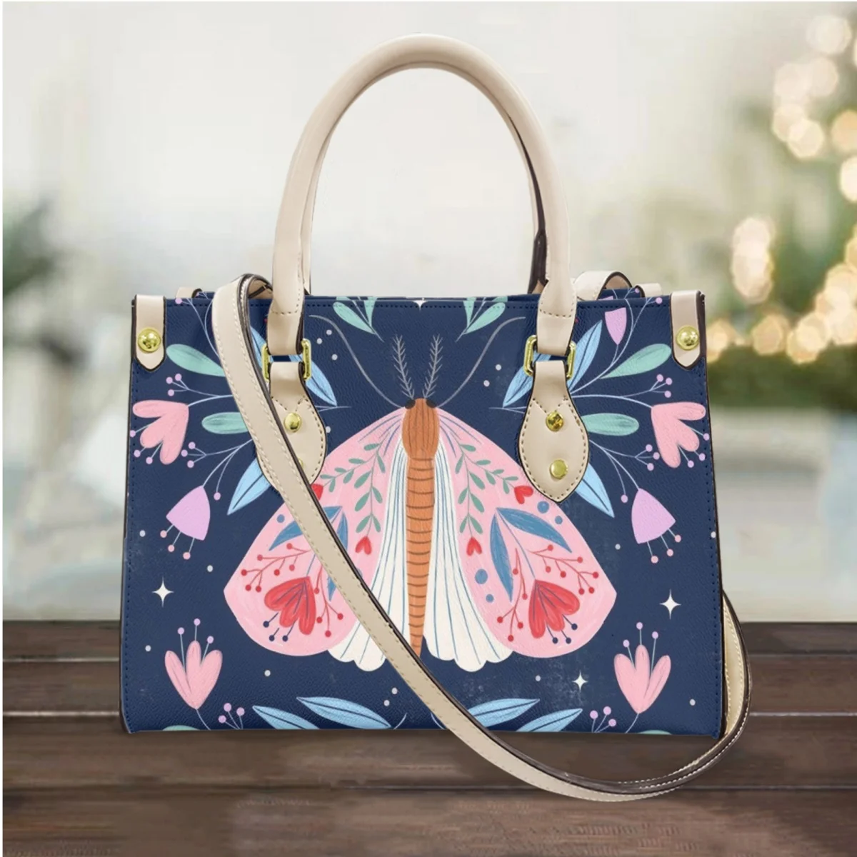 FORUDESIGNS Women's Shoulder Bag Pretty Moths Wandering Floral Tote Bags One Shoulder Leather Ladies Hand Bag Fashionable