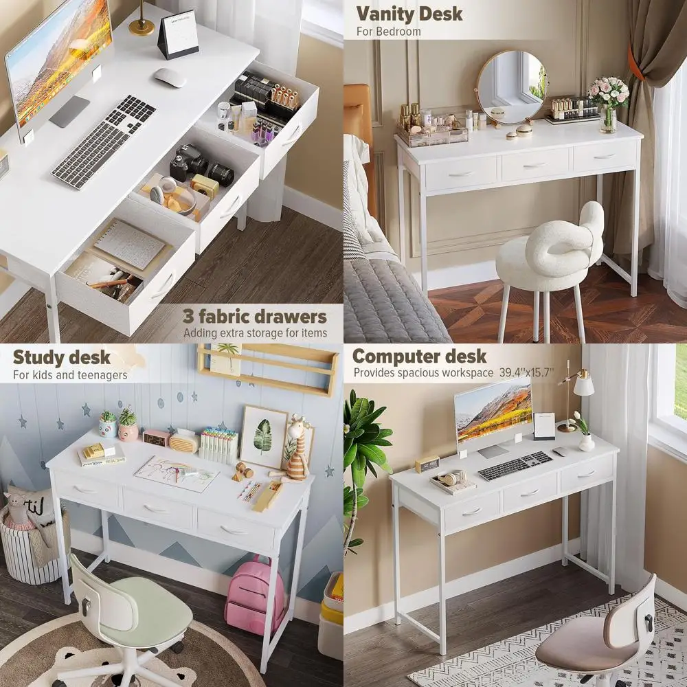 

Compact 39.3 White Desk with Drawers for Home Office, Bedroom, and Study Spaces