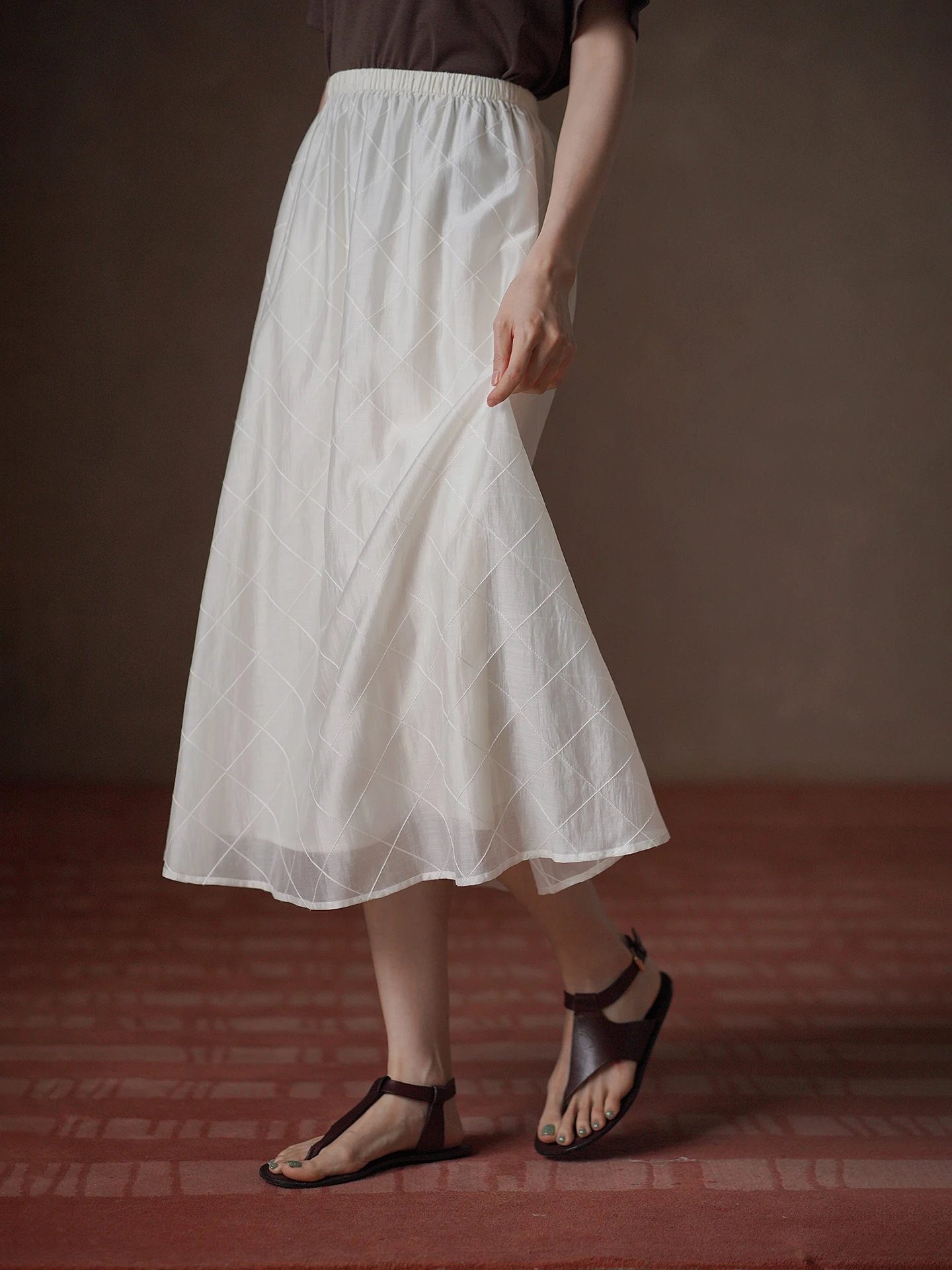 Slimming High Waist Mixed Fabric Half Skirt with Geometric Pattern by Hacikis Soft Elastic Waist Citywalk Casual Commute Skirt