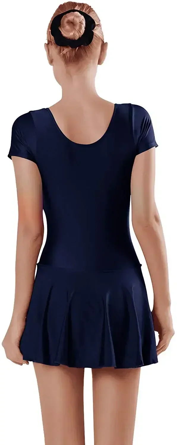 

Летние женские купальники с юбкой для балета и танцев, цельный боди с короткими рукавами и юбками, гимнастическое платье, танцевальная одежда, костюмы для взрослых