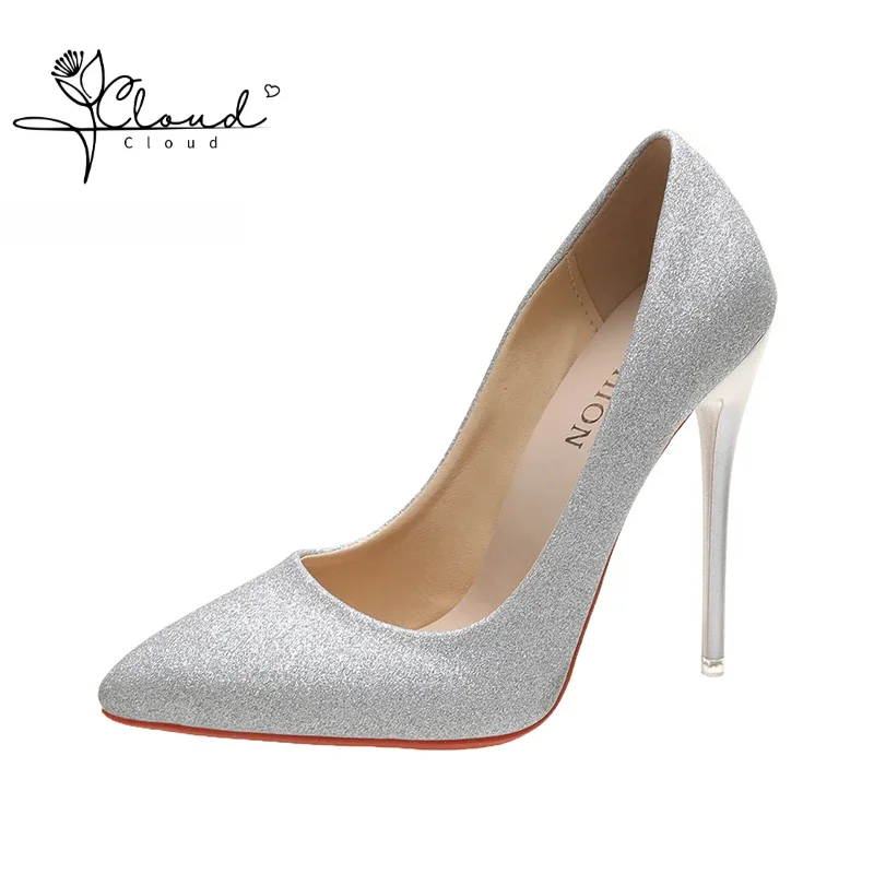 New Silver High Heels Sparkly Sequined Micro-heels Women's Shallow Mouth Pointy Sexy Everything Plus-size Women Pumps Shoes