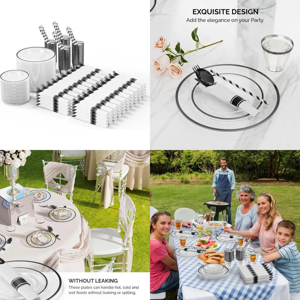 

Набор одноразовой посуды на 100 гостей, черные пластиковые тарелки из 800 предметов, прозрачные сервировочные блюда, 100 предварительно скрученных салфеток, Silverwa