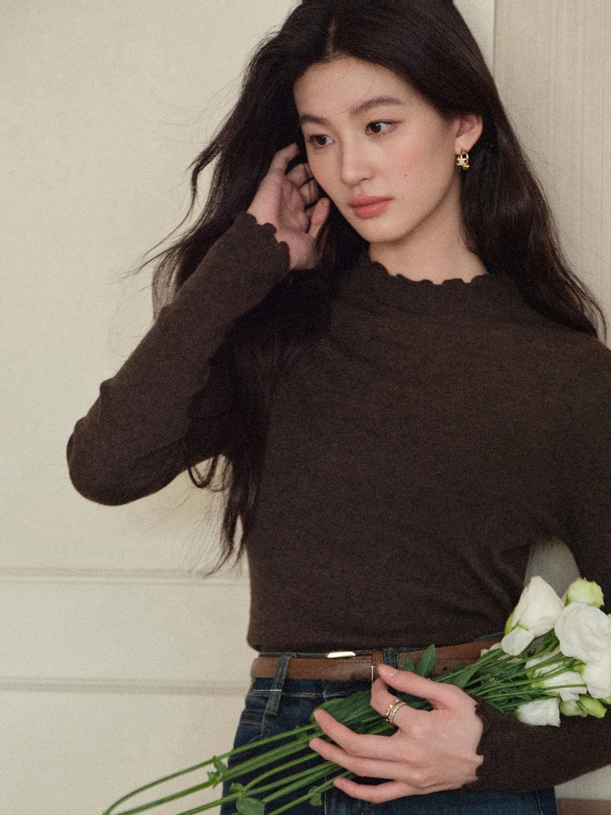 

Женский вязаный джемпер Caramel Fairy T Coffee с длинным рукавом, высоким воротником, приталенный, повседневный, модный, с деревянным узором