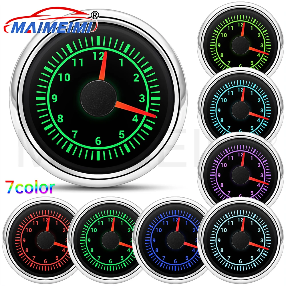 

7 Colors Backlight Digital Car Gauge Clock Meter 12-Hour Format Gauge 52mm for Car Truck Yachts 12V 24Volts