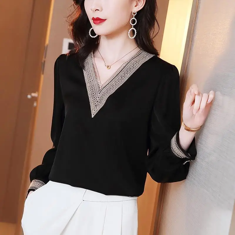 Spring New Temperament Patchwork Chiffon Shirt Tops Long Sleeve V Neck Solid Color Blouse Elegant Fashion Women Clothing