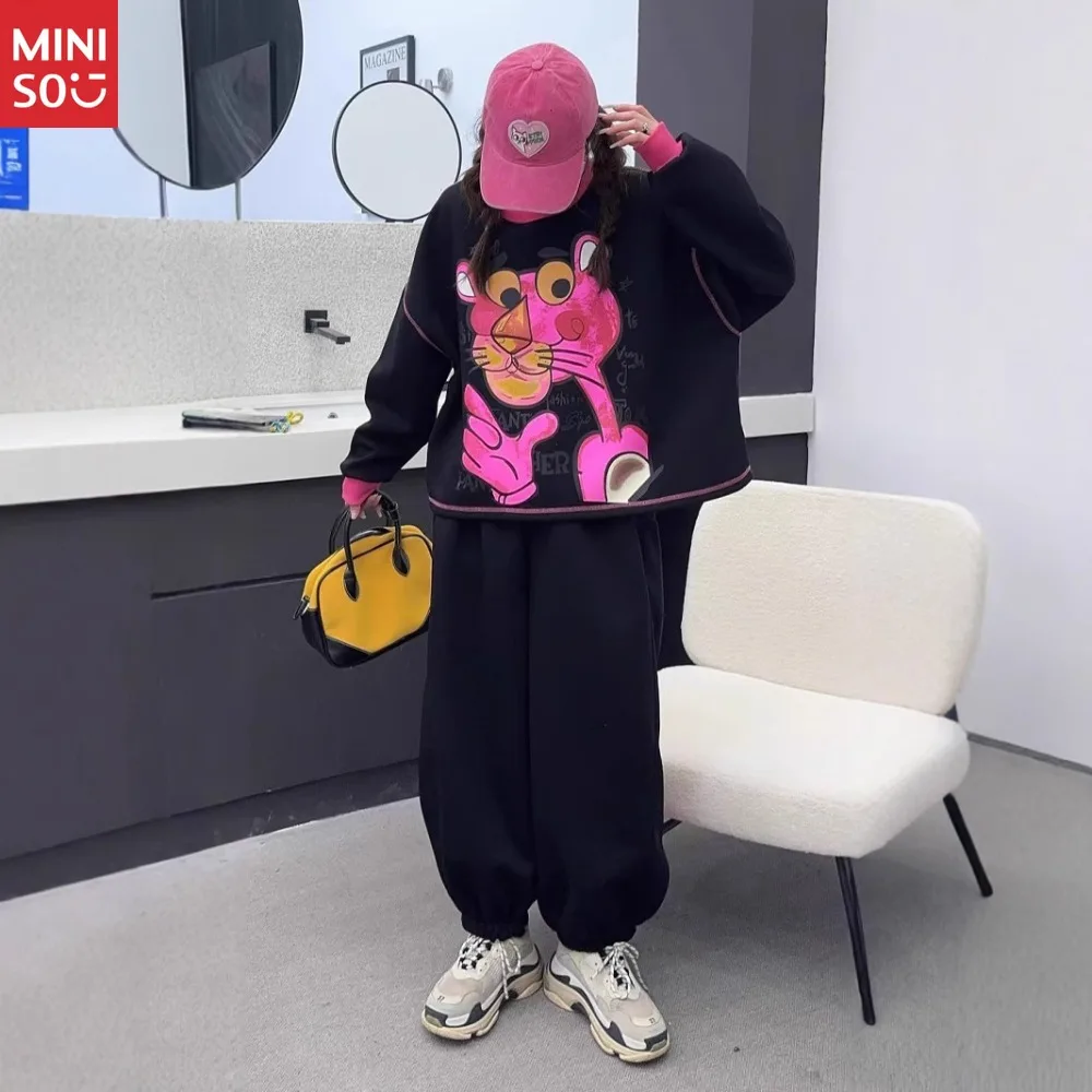 Set da due pezzi Versione coreana primaverile Abito di grandi dimensioni Moda casual Riduzione dell'età Pantaloni sportivi maglione modello leopardo simpatico cartone animato