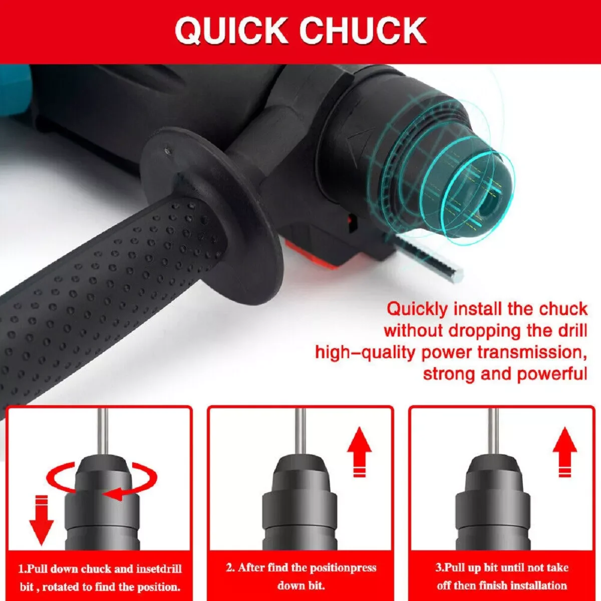 3000W Electric Rotary Cordless Hammer Drill 360° Rotating Handle SDS Chisel Set