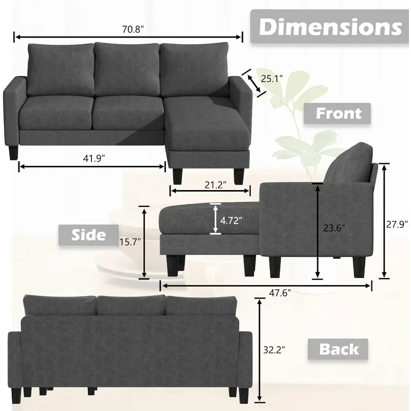 Weicher Sitz in 3 l-förmiger Couch mit modernem Leinenstoff, kleinen Sofas für Wohnzimmer, Wohnung und Büro, 70 '', Holzkohle